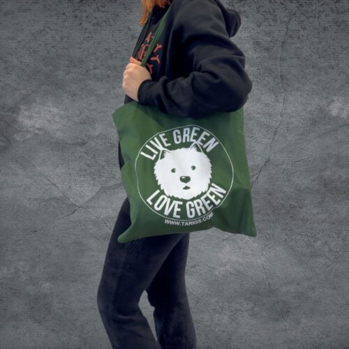 Green TARIGS cloth bag with “LIVE GREEN, LOVE GREEN” print