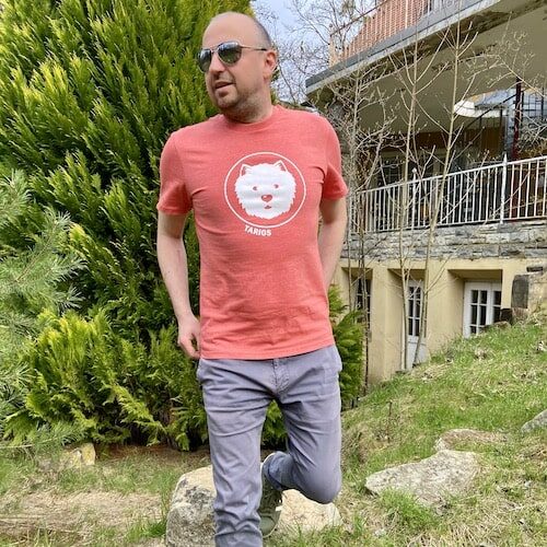 Men wearing salmon unisex t shirt with westie motif