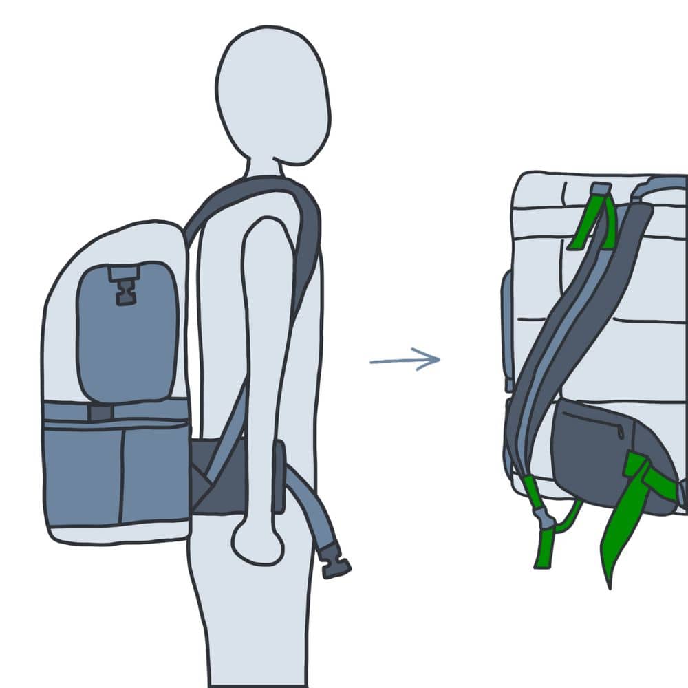 Person loosens the straps of a dog backpack before putting it on to allow for correct adjustment.
